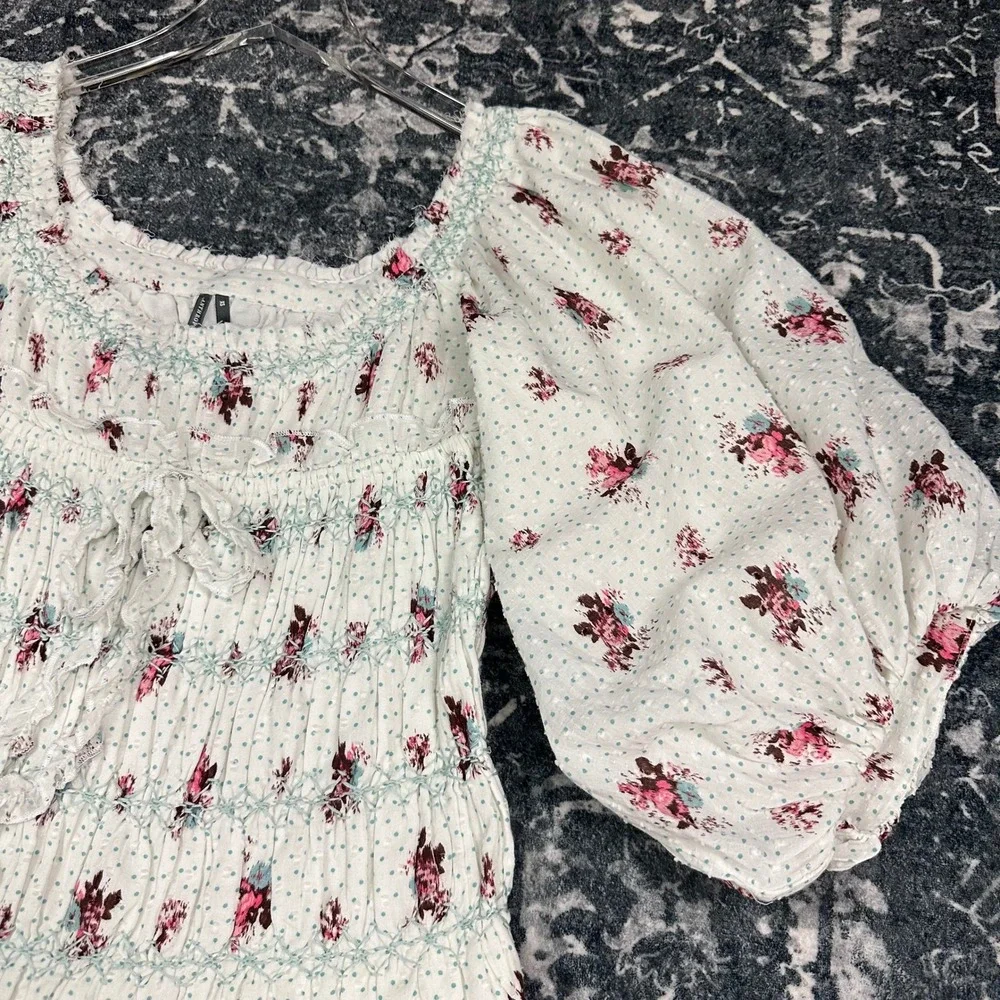 Anthropologie Floral Smocked Puff Sleeve Blouse White Pink Rose Cotton Size XS